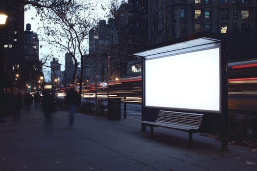An empty lightbox poster sits at a bus stop bench, surrounded by urban elements. This scene captures the essence of waiting in a busy city at night.