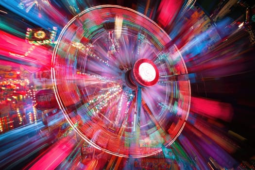 Experience the dynamic motion of a Ferris wheel and carousel illuminated by colorful lights, capturing the excitement of a vibrant carnival atmosphere at night.