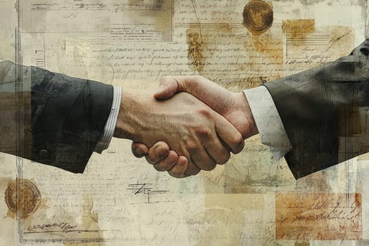 Close-up of hands shaking symbolizes agreement and partnership. The background highlights the essence of signing important contracts, reflecting professionalism and trust.