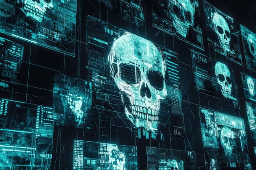 This abstract collage features digital screens displaying hacking alerts and skull imagery, capturing the essence of cyber security and technological threats.