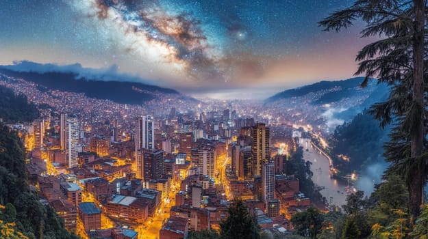 Breathtaking view of medellin, colombia, at twilight, with the city lights illuminating the urban landscape and the milky way galaxy stretching across the night sky