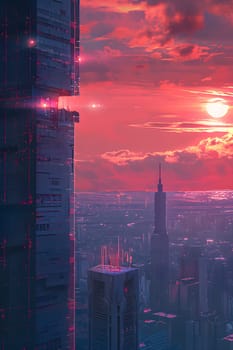 A futuristic city skyline with tall skyscrapers and neon lights, glowing at sunset.