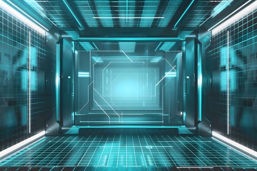 High-tech glowing digital corridor with futuristic design and grid patterns