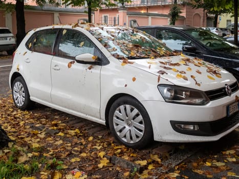 Cremona, Lombardy, Italy October 15th 2024 White car parked on a city street covered in fallen autumn leaves, creating a seasonal scene
