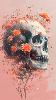 A skull is adorned with flowers in a vase on a pink background, creating a unique and striking piece of art mixing elements of flower arranging and painting