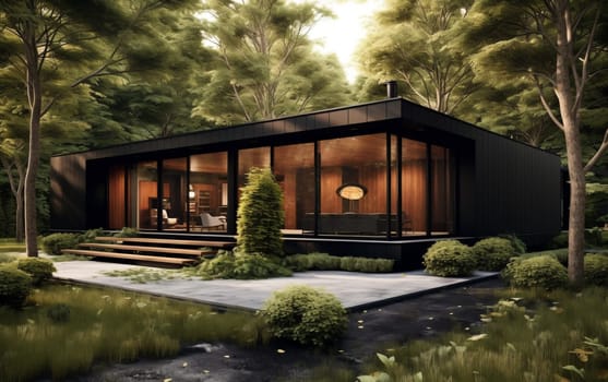 Beautiful modern modular home with wild nature in the background. Modern architecture.