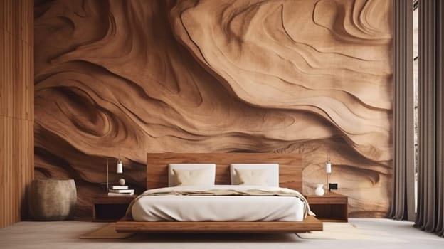 Bedroom interior. Shade of the bedroom wall with the illusion of solid wood. Solving the environmental problem of deforestation. Replacement of natural building materials with alternative ones.