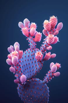 A terrestrial plant like a cactus with pink flowers on an electric blue background in an underwater world. Reminiscent of coral reef ecosystems, blending marine biology with flowering plants