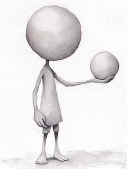 Grey character stands barefoot on a white background, holding a sphere, conveying surreal creativity and imagination in a unique, contemporary way with space for abstract ideas