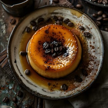 A delicious dessert served on a plate with coffee beans sprinkled on top, paired perfectly with a hot cup of coffee. The perfect combination of flavors and textures