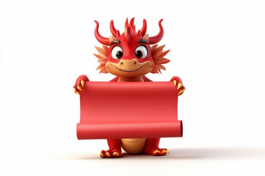 Chinese New Year , dragon cartoon hold red paper scroll in white background. Generative ai.