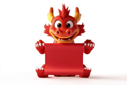 Chinese New Year , dragon cartoon hold red paper scroll in white background. Generative ai.