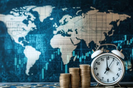 Stacks of coins next to a white big clock set against a backdrop of upward-trending financial graphs,.