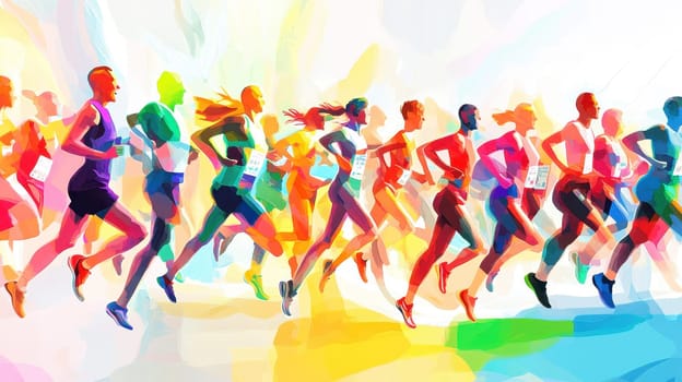 Dynamic illustration of runners in vibrant colors, showcasing movement and athleticism against a colorful abstract background..