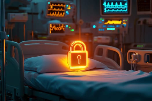 glowing padlock icon hovering over hospital bed golden tones subtle medical equipment in background digital security concept in healthcare setting.