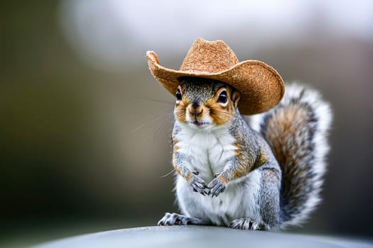 Eastern Gray Squirrel with cowboy hat sitting in natural pose isolated on blur background, photo realistic..