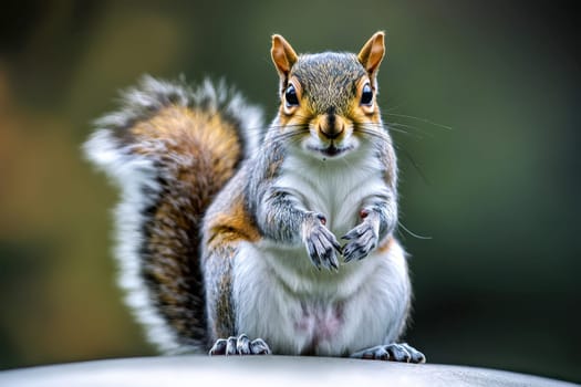 Eastern Gray Squirrel sitting in natural pose isolated on blur background, photo realistic..