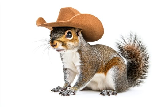 Eastern Gray Squirrel with cowboy hat sitting in natural pose isolated on white background, photo realistic..