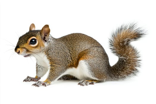 Eastern Gray Squirrel sitting in natural pose isolated on white background, photo realistic..