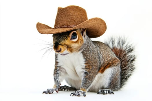 Eastern Gray Squirrel with cowboy hat sitting in natural pose isolated on white background, photo realistic..
