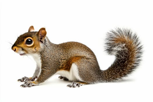 Eastern Gray Squirrel sitting in natural pose isolated on white background, photo realistic..