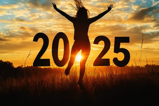 A person leaps joyfully in front of a large 2025 sign during a vibrant sunset, symbolizing new beginnings and hopes for the future..