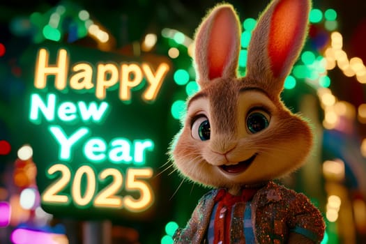 funny rabbit with Luxury happy new year 2025 editable text effect. happy New year background.