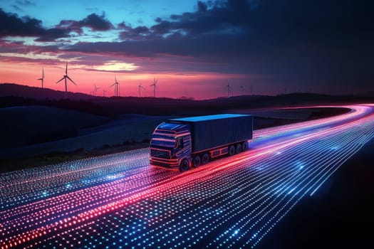 a high-tech truck cruises on a futuristic scene, illuminating the landscape with vibrant colors and showcasing scenic wind turbines..