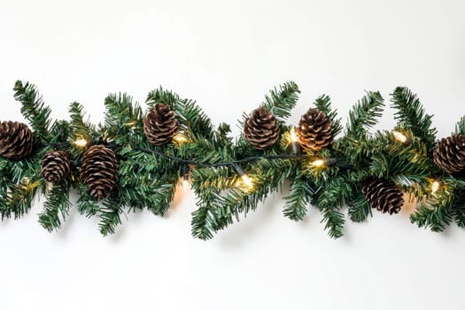 Christmas tree branch garland with cones and lights on white isolated background..