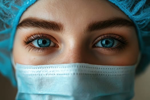 close up A female doctor in a protective cap and face mask in safety measures against the coronavirus..