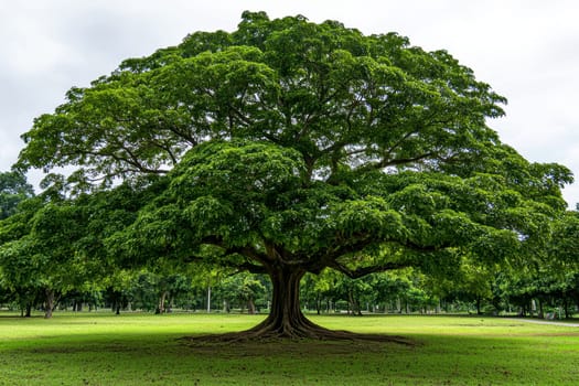 A large, lush tree with a broad canopy and sprawling branches on a grassy ground..