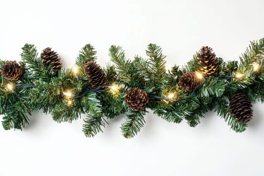 symmetric Christmas tree branch garland with cones and lights. Isolated white background --ar 3:2 --quality 2 --v 6.1 Job ID: 75d1002b-d9c2-4cbb-b4ba-8ad8cd59a896