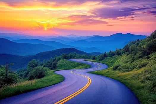 Scenic view of a winding road leading through lush green hills against the backdrop of majestic mountains on a sunny day. High quality illustration