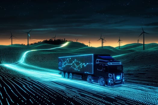 a high-tech truck cruises on a futuristic scene, illuminating the landscape with vibrant colors and showcasing scenic wind turbines..