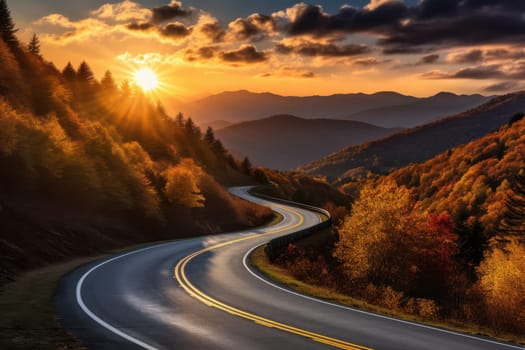 Winding road curves through scenic autumn foliage trees on sunset background. High quality illustration