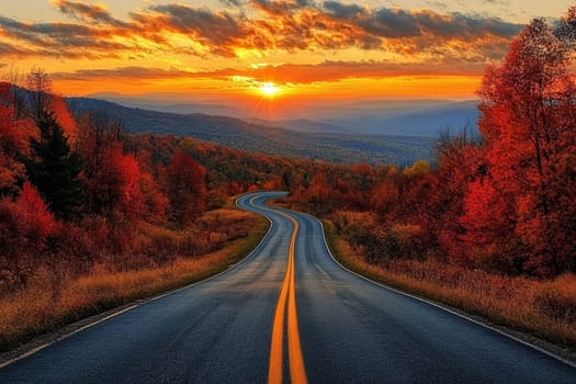 Winding road curves through scenic autumn foliage trees on sunset background..
