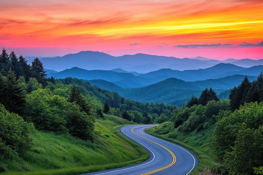 Scenic view of a winding road leading through lush green hills against the backdrop of majestic mountains on a sunny day..