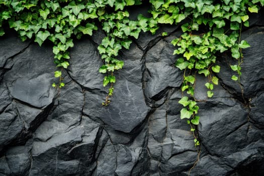 Ivy growing on dark grey cliffs. ai generative..