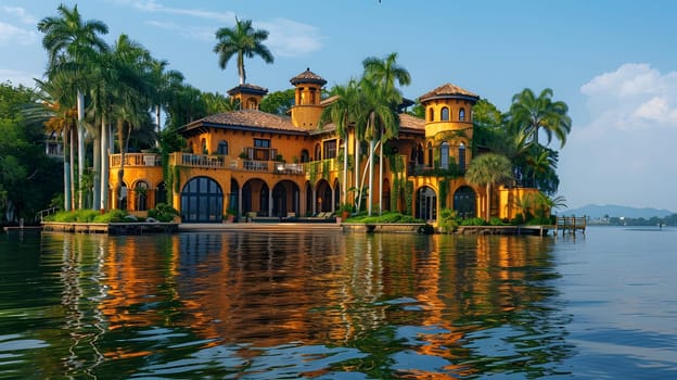 Elegant Mediterranean villa with palms by the water, reflecting on serene surface