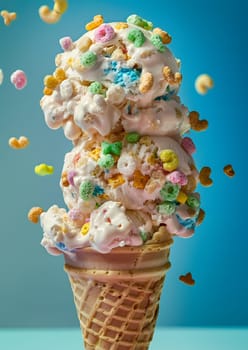 Ice cream cone with colorful cereal toppings in vibrant blue background.