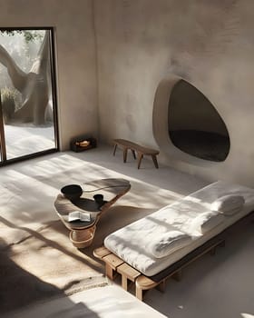 Modern minimalist living room with organic shapes, earth tones, natural light, decor