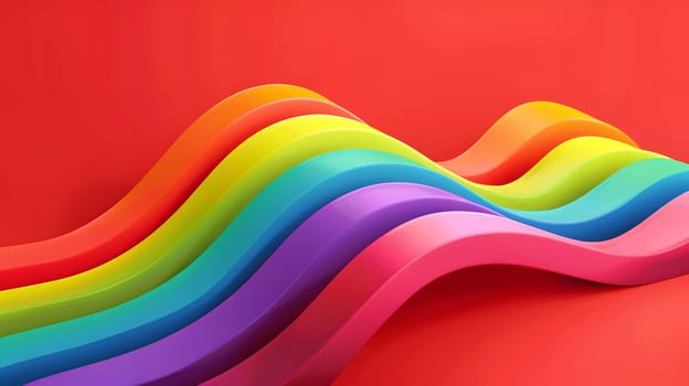 Vibrant curved waves in rainbow colors on red background, modern abstract design