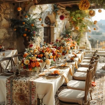The table is adorned with a plethora of flowers, creating a vibrant and inviting centerpiece. The floral arrangement adds color and life to the furniture, complementing the decor of the room