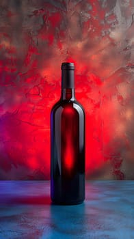 A magenta glass bottle filled with red liquid, an alcoholic beverage, is placed on a blue drinkware table. The fluid inside is a deep shade of red, creating a striking contrast
