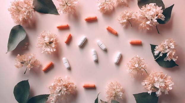Variety of pills are laying on a pink surface and surrounded by white flowers with green leaves. This minimalist image evokes the concept of natural medicine and homeopathy