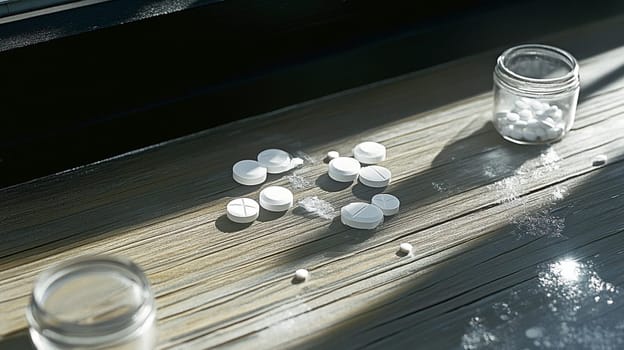 White pills are spilling from a small glass jar onto a wooden table, bathed in natural sunlight from a nearby window. The image evokes themes of medicine, healthcare, and potential drug abuse