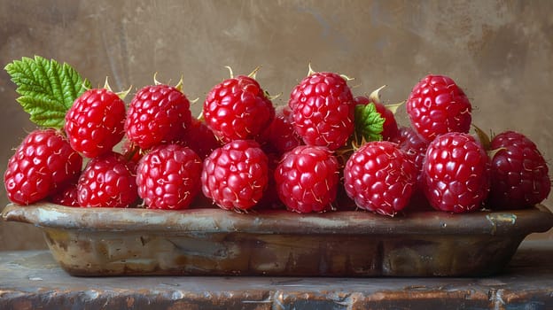 A bowl of Virginia strawberries, a seedless fruit known for being a superfood, with green leaves on a table. A delicious and natural food produce