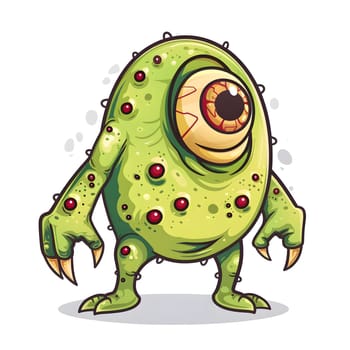 An artfully painted cartoon illustration of a green monster with one eye, set against a backdrop of true frog and toad amphibians, terrestrial plants, animals, grass, and patterns