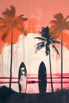 An art piece featuring two surfboards on a sandy beach with palm trees in the background, against a vibrant sky with tints and shades of blue. The landscape captures the essence of a tropical event