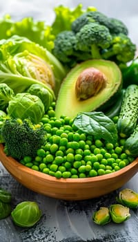 A wooden bowl filled with a variety of green vegetables such as avocado, broccoli, peas, and Brussels sprouts, showcasing a mix of natural foods from the legume family and leaf vegetables